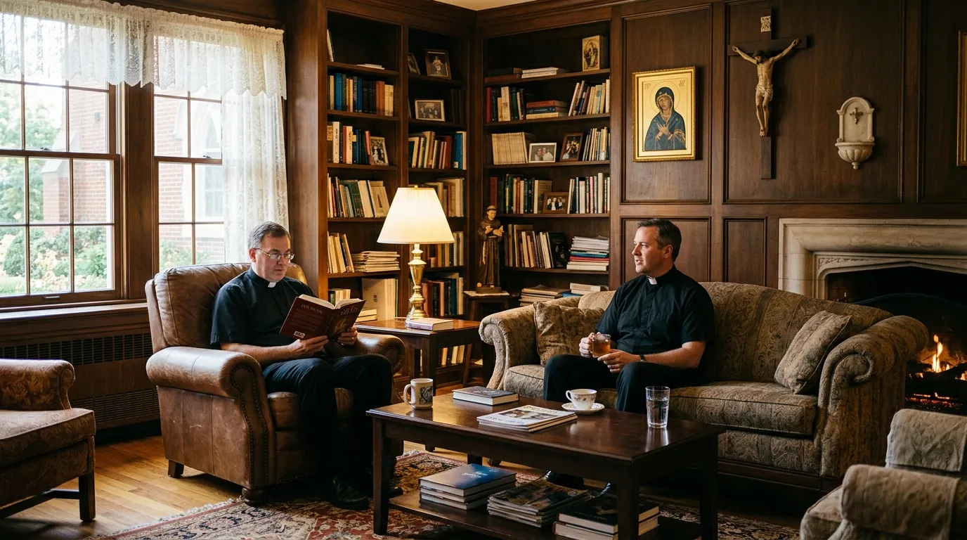 Inside a Catholic rectory showing a shared living space for parish priests