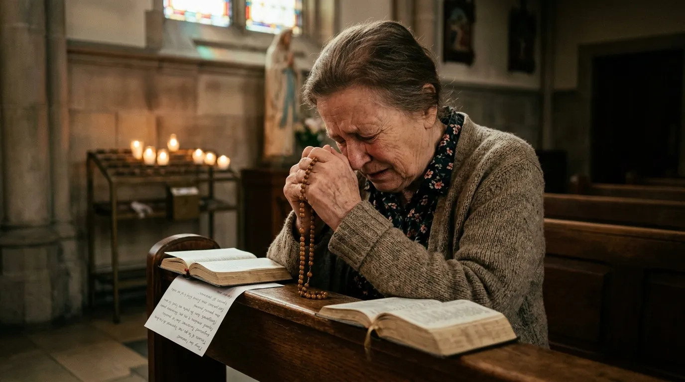 A Catholic faithful praying for healing and understanding of mortal sin.