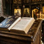 People lighting candles Guide | Western Church 23 A traditional Eastern Orthodox Bible resting on a wooden lectern inside a church (AI Generated Image)