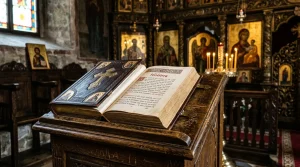 People lighting candles Guide | Western Church 7 A traditional Eastern Orthodox Bible resting on a wooden lectern inside a church (AI Generated Image)