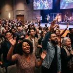 People participating in a worship experience at a church. (AI Generated Image)