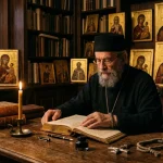 Matheus Soares de Azevedo & Orthodoxy | Western Church 3 Contemplative theological study with Orthodox icons and patristic books (AI Generated Image)