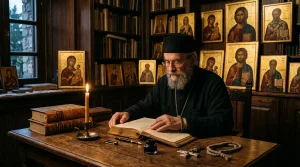 Matheus Soares de Azevedo & Orthodoxy | Western Church 6 Contemplative theological study with Orthodox icons and patristic books (AI Generated Image)