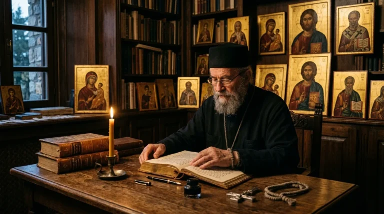 Contemplative theological study with Orthodox icons and patristic books (AI Generated Image)