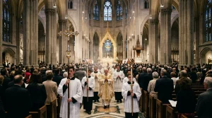 Solemn Catholic Mass liturgical procession towards high altar (AI Generated Image)