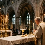 Mass vs Communion — Key Differences & Meaning | Western Church 2 Liturgical altar with communion chalice during holy mass (AI Generated Image)