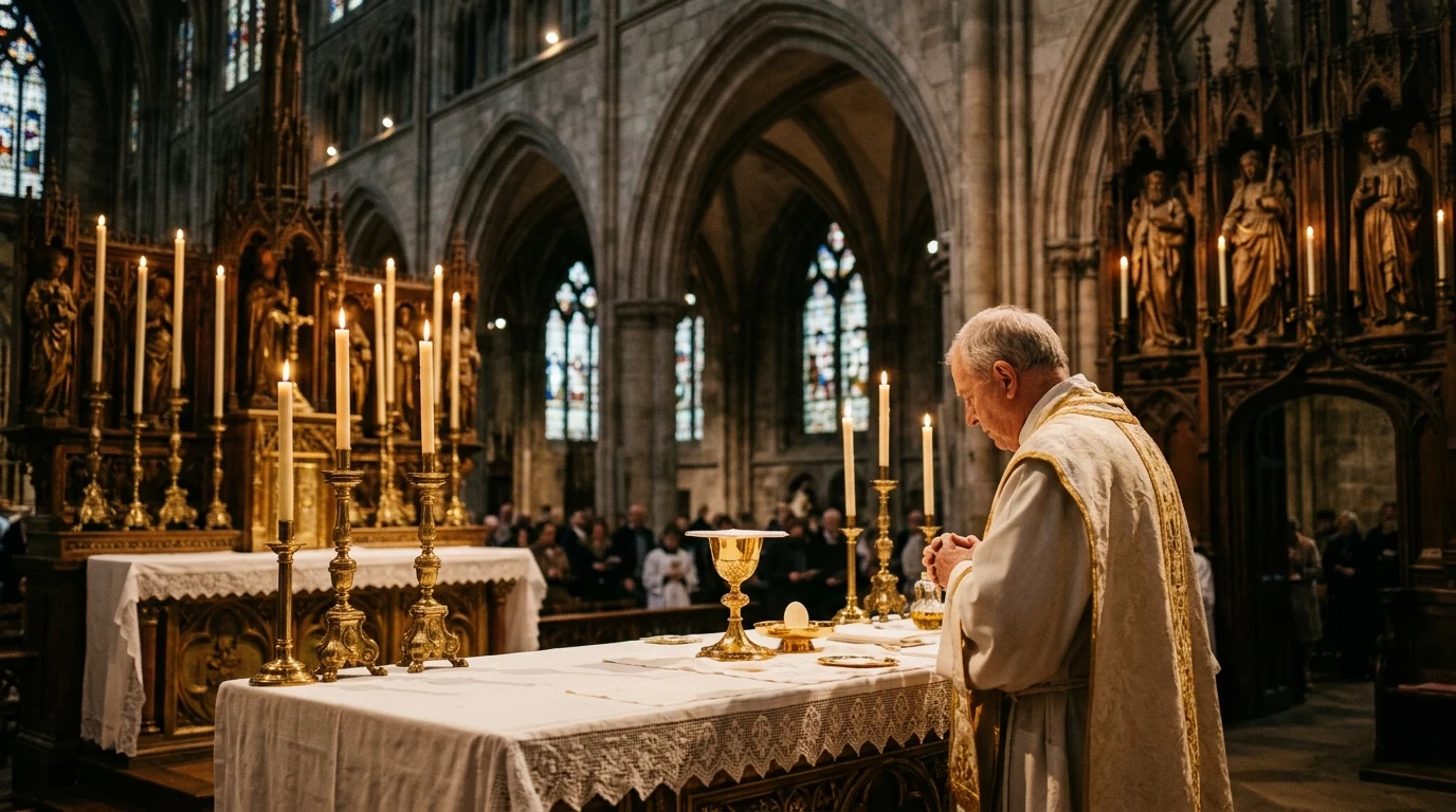 Mass vs Communion — Key Differences & Meaning | Western Church 1 Liturgical altar with communion chalice during holy mass (AI Generated Image)