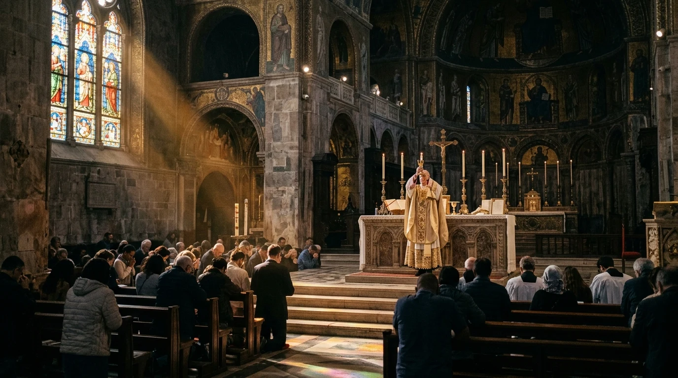 Solemn elevation of communion chalice during holy Catholic Mass (AI Generated Image)