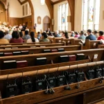 Translation Devices for Churches — Tech Guide | Western Church 12 Multilingual audio translation devices and receivers in church sanctuary (AI Generated Image)