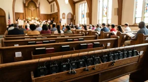 Translation Devices for Churches — Tech Guide | Western Church 4 Multilingual audio translation devices and receivers in church sanctuary (AI Generated Image)