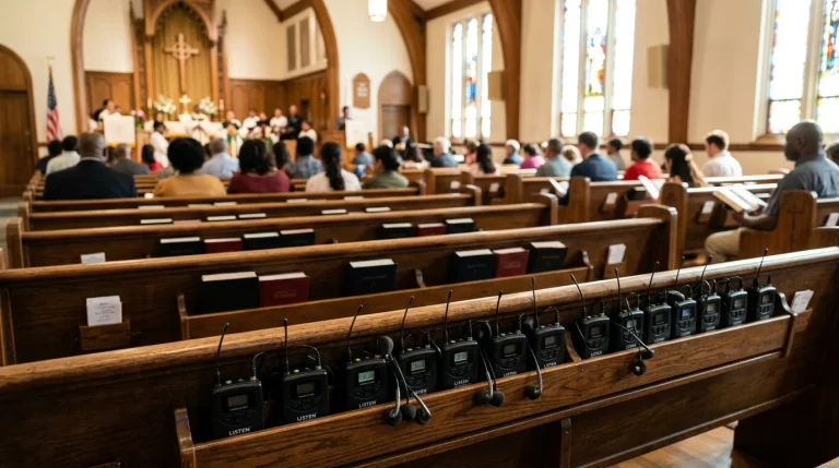 Translation Devices for Churches — Tech Guide | Western Church 1 Multilingual audio translation devices and receivers in church sanctuary (AI Generated Image)