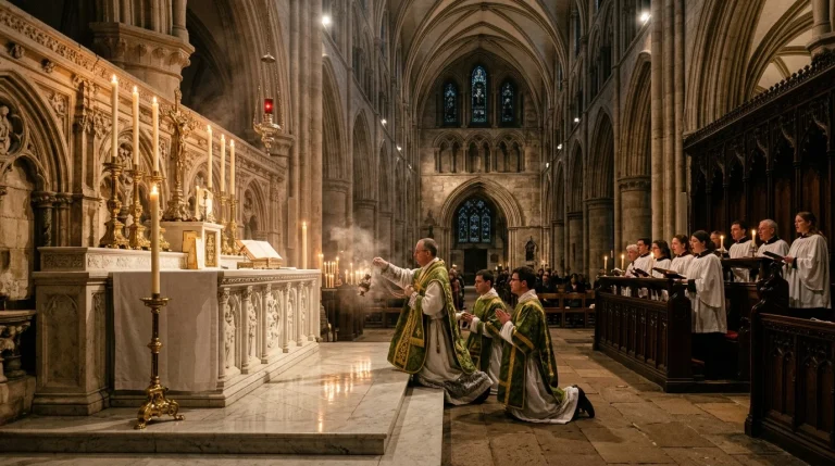 Solemn Catholic Mass rite at the high altar (AI Generated Image)
