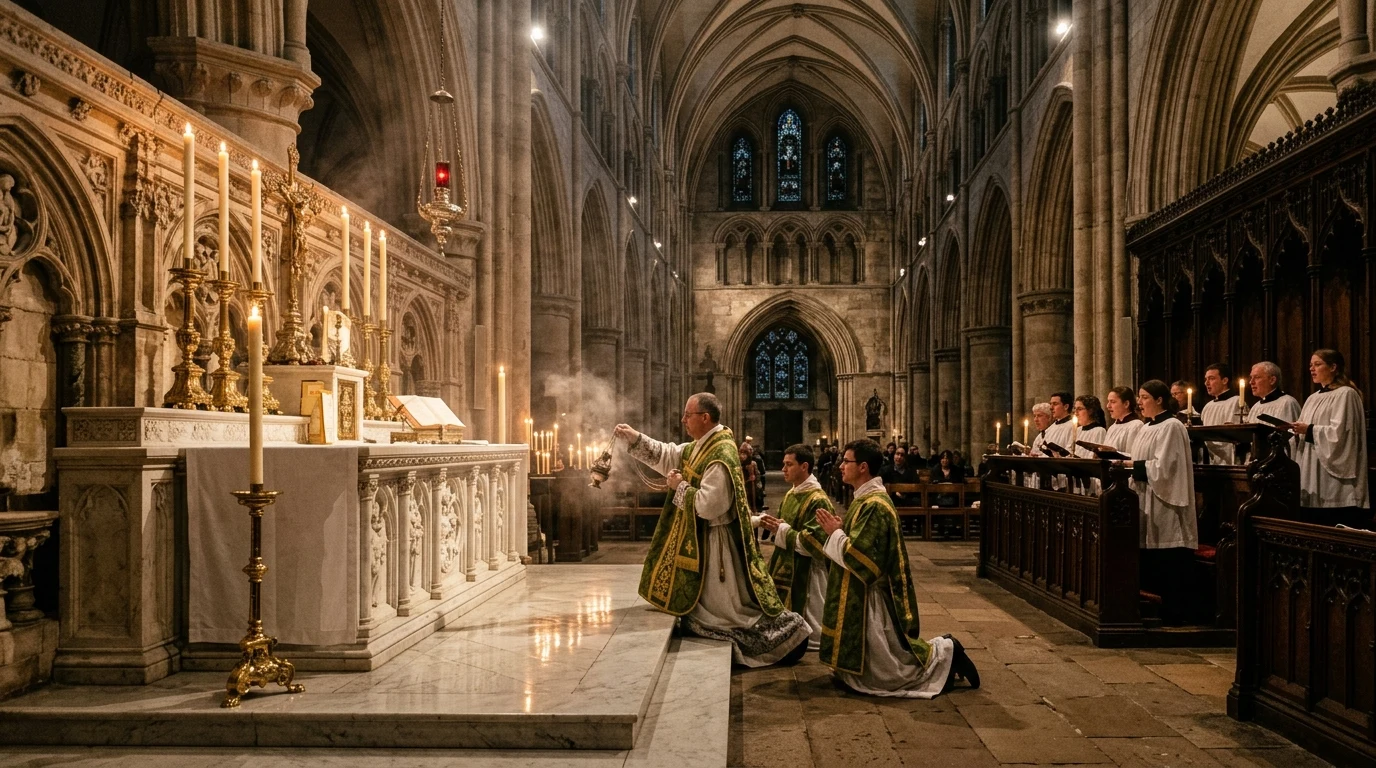 Solemn Catholic Mass rite at the high altar (AI Generated Image)